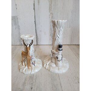 Fitz Floyd wintry Woods candle stick deer snowman holder set reindeer